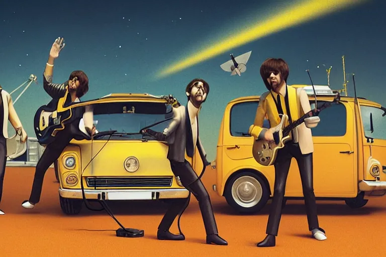 Image similar to the beatles performs with guitar on a yellow flying minivan, sci fi, art by mike winkelmann, trending on cgsociety, retrofuturism, darksynth, sci - fi