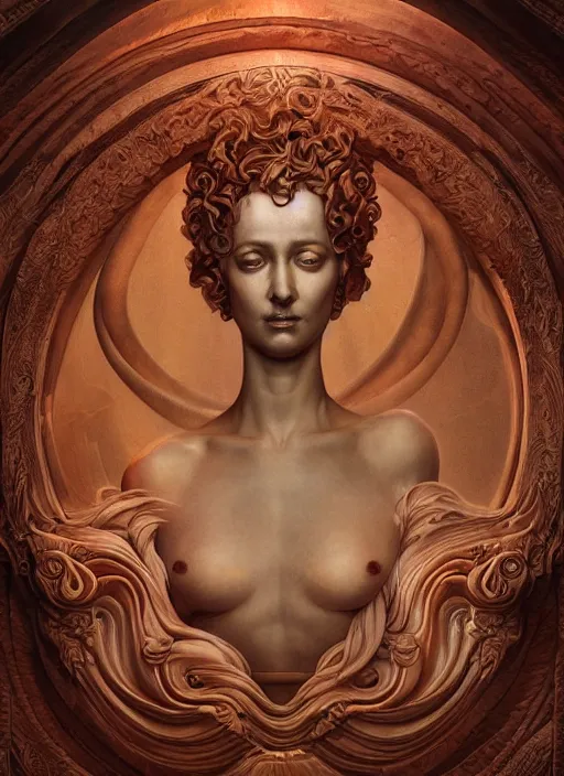 Image similar to roman emperor, wooden art nouveau swirls, subsurface scattering, translucent, in the style of james jean and tomasz alen kopera, mystical colors, rim light, soft lighting, 8 k, stunning scene, raytracing, octane render, trending on artstation