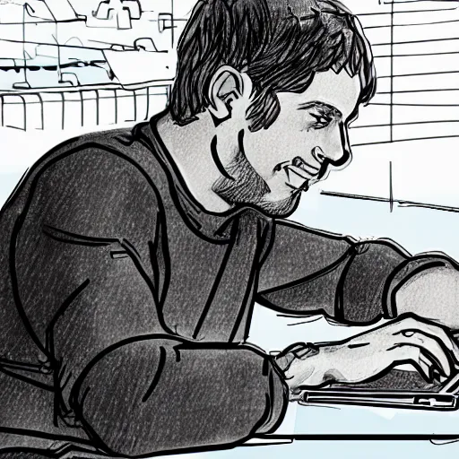 Image similar to storyboard sketch image of man working on laptop at sunny beach, perfect face, fine details