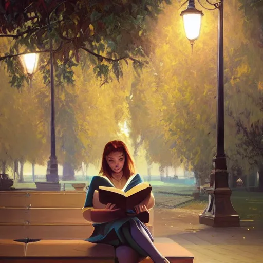 Prompt: hyperrealistic oil painting of a girl reading a book in park, street lighting, extremely fine details, realistic shaded lighting, artgerm, 8 k ultra realistic, highly detailed, art by christopher balaskas, alphonse mucha, craig mullins, alena aenami, laura sava