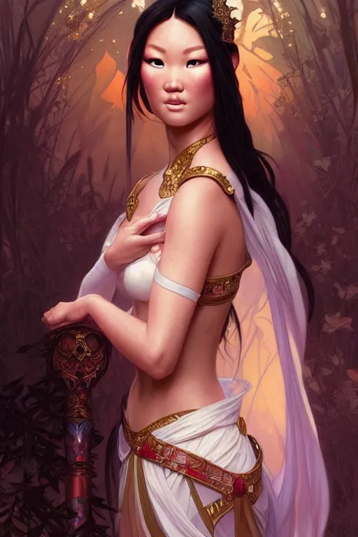 Prompt: asa akira as a princess, fantasy, intricate, elegant, highly detailed, digital painting, artstation, concept art, matte, sharp focus, illustration, art by artgerm and greg rutkowski and alphonse mucha