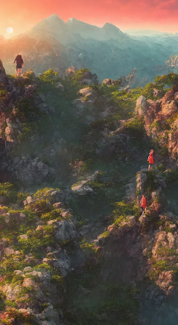 Image similar to couple facing the desperate and endless call of the void, mountain top above landscape, beautiful sunset, unreal 5 render, vivid colors, high detail, studio ghibli, digital art, octane render, beautiful composition, trending on artstation, award - winning photograph, masterpiece