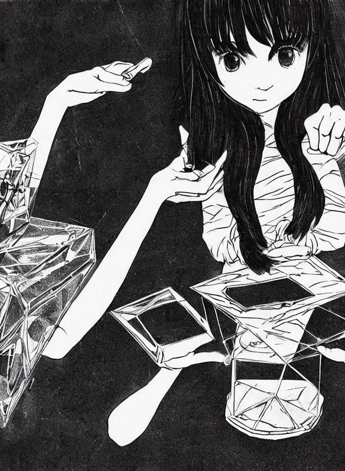 Image similar to a kid with bangs and black hair playing with a diamond-shaped mysterious device, hand drawn ink manga