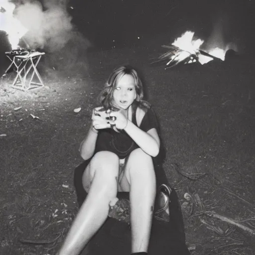 Image similar to polaroid shot of jennifer lawrence smoking at a campfire