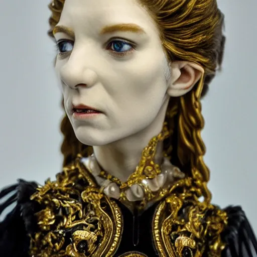 Image similar to photo taken of an epic intricate, ultra detailed, super realistic bust of a young majestic gracious regal beautiful aristocratic female vampire stop motion puppet created by weta workshop, menacing, some zoomed in shots, photorealistic, sharp focus, white wall, extremely cold blueish colour temperature, 3 5 mm, f 1. 4, golden ratio