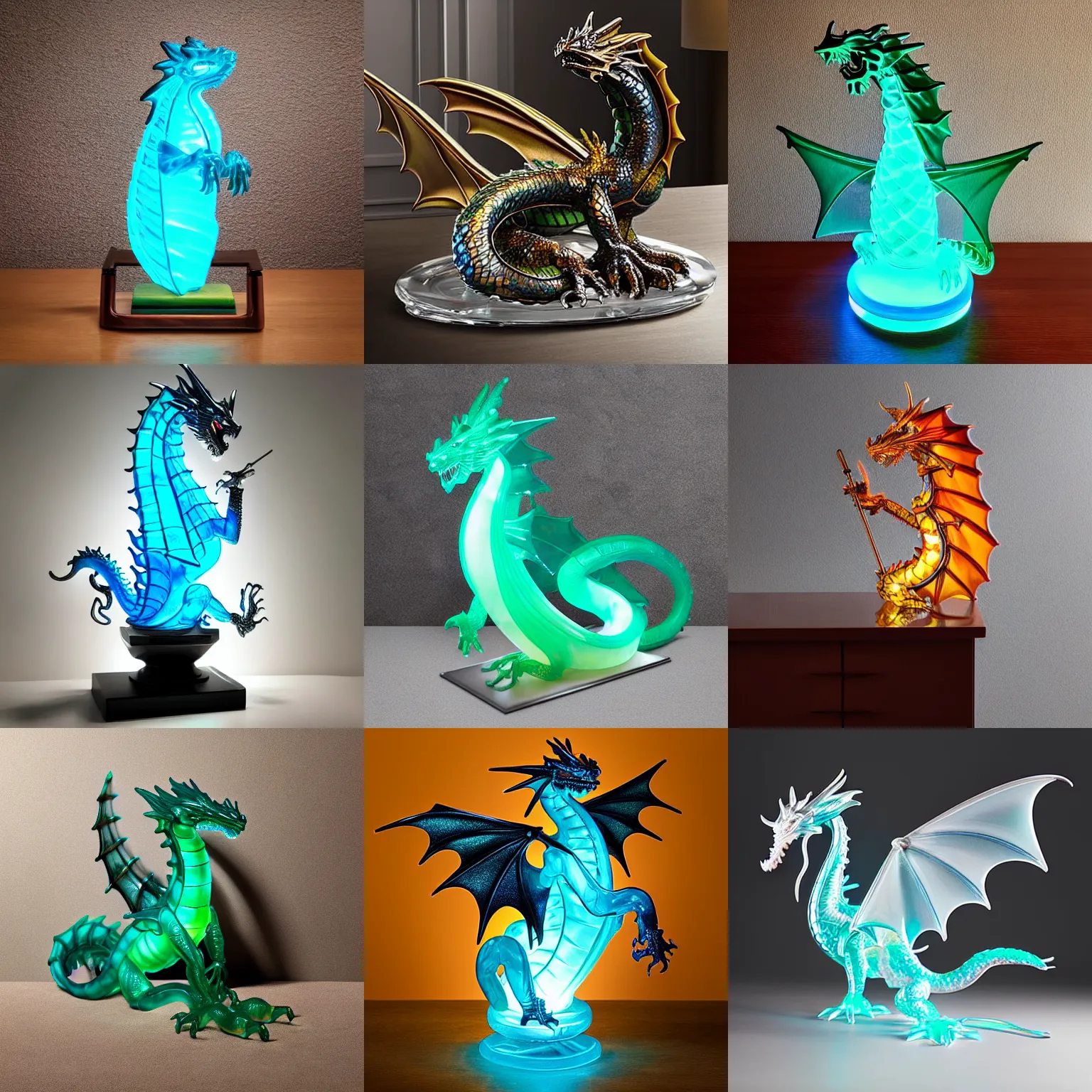 Prompt: “product photo of a translucent glass dragon statute made out of glass, mid-century furniture interior backdrop, ultra realistic, UHD ”