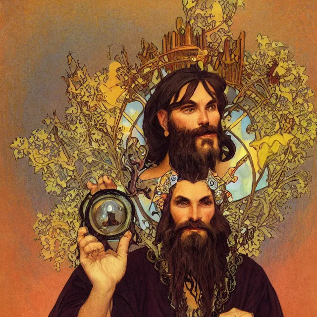 Image similar to an aesthetic! a detailed portrait of a man in a long beard, with a crown, holding a lantern with mountains of gold in the background, surrounded by his family, by frank frazetta and alphonse mucha, oil on canvas, art nouveau dungeons and dragons fantasy art, hd, god rays, ray tracing, crisp contour lines, huhd