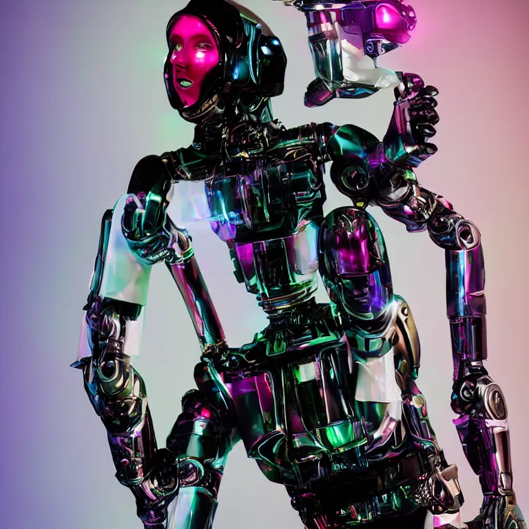 Prompt: high fashion photoshoot octane render portrait by wayne barlow and carlo crivelli and glenn fabry, subject is a robotic colorful neon glowing futuristic black ops tactical astronaut sitting in the corner of a high - end exotic colorful pastel vintage boutique hotel lounge, very short depth of field, bokeh