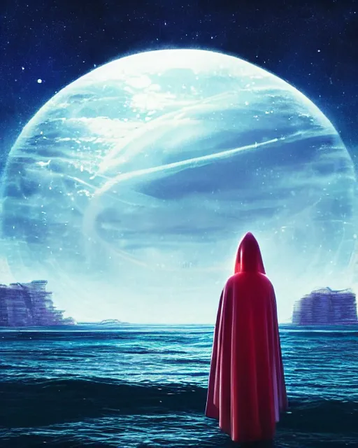 Image similar to a person wearing a white cloak that's blowing in the wind. they are standing in the water. a large planet with rings is visible in the sky. an album cover by stanley twardowicz, trending on cg society, retrofuturism, retrowave, chillwave, synthwave