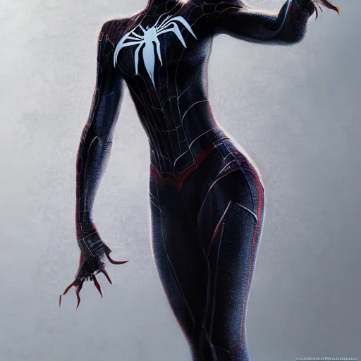 Image similar to full body portrait of white haired girl in spider man suit, super hero, webs, highly detailed, very beautiful face, very detailed eyes, digital art, artstation, concept art, smooth, sharp focus, greg rutkowski, wlop