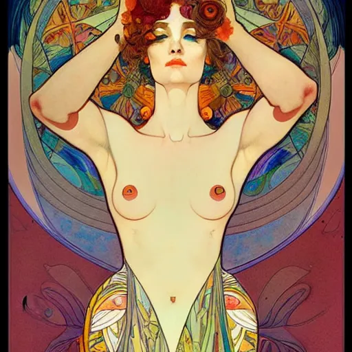 Image similar to The Goddess of Life and Creation, beautiful eyes, symmetrical face, paint, ink, palettes, spectrum, in the style of Joshua Middleton, Mucha, Kandinsky