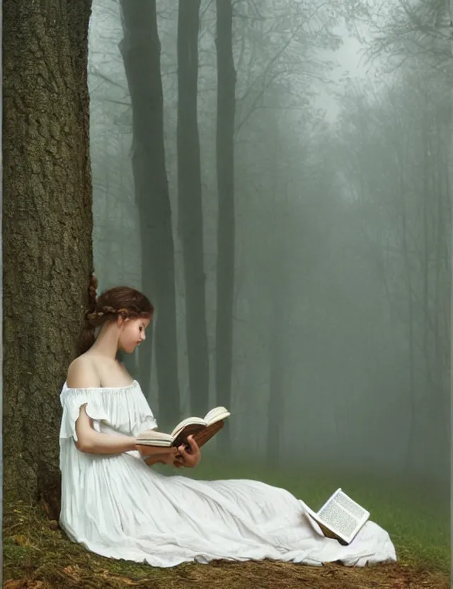 Image similar to beautiful peasant Girl in long white dress reading a book sitting on a tree in a foggy forest, Cinematic focus, Polaroid photo, vintage, neutral colors, soft lights, by Steve Hanks, by Serov Valentin, by lisa yuskavage, by Andrei Tarkovsky 8k render, detailed, oil on canvas