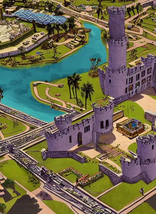 Image similar to highly detailed old castle gta vice city art,, fantasy art by stephen bliss