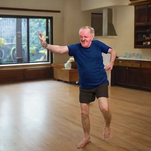 Image similar to a 6 0 - year - old irish / english man with short brown hair and wearing shorts and a dark blue t - shirt, dancing animatedly like a chicken in the kitchen