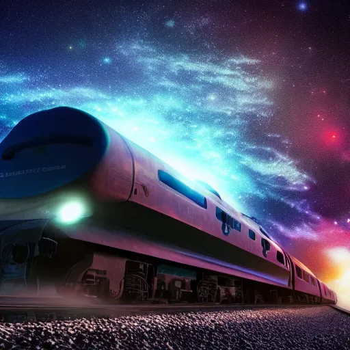Image similar to inter dimensional sci - fi train far future, travelling across the stars, cosmos, galaxy, 8 k