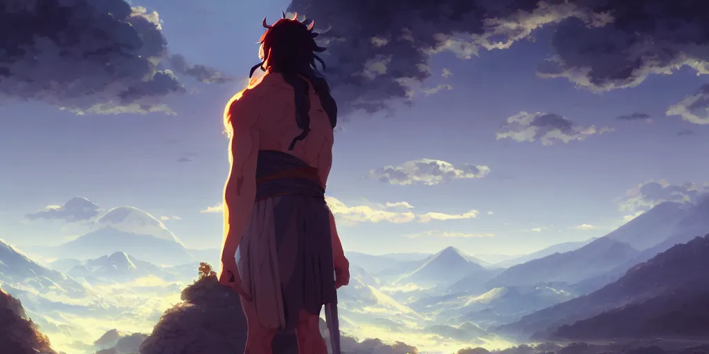 Image similar to ultra realistic, greek god, mountain, colors, 8 k, hd, details, fantasy, epic, ancient city, landscape illustration concept art anime key visual trending pixiv fanbox by wlop and greg rutkowski and makoto shinkai and studio ghibli and kyoto animation symmetrical facial features