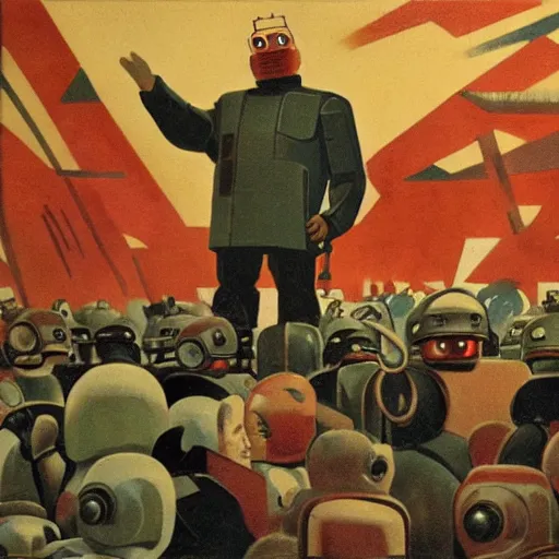 Prompt: !dream robot revolutionary!!!! speaking to a crowd of robots amid the backdrop of a cyberpunk city in the socialist realist style of lenin speaking to the red army by isaac brodsky