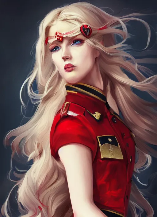 Image similar to a highly detailed illustration of beautiful long dirty blonde haired pale girl wearing red epaulette uniform, red eyes, dramatic seductive pose, curvaceous, intricate, elegant, highly detailed, centered, digital painting, artstation, concept art, smooth, sharp focus, league of legends concept art, WLOP