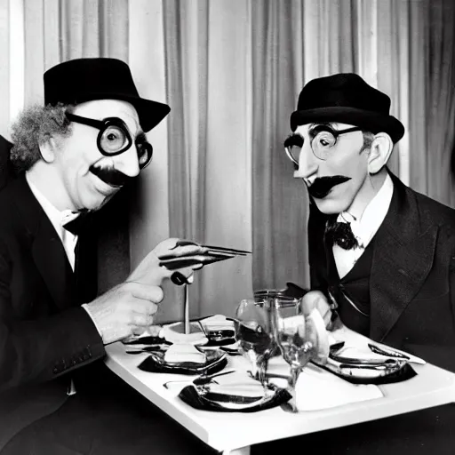 Image similar to harpo marx dines with groucho marx at a fancy restaurant