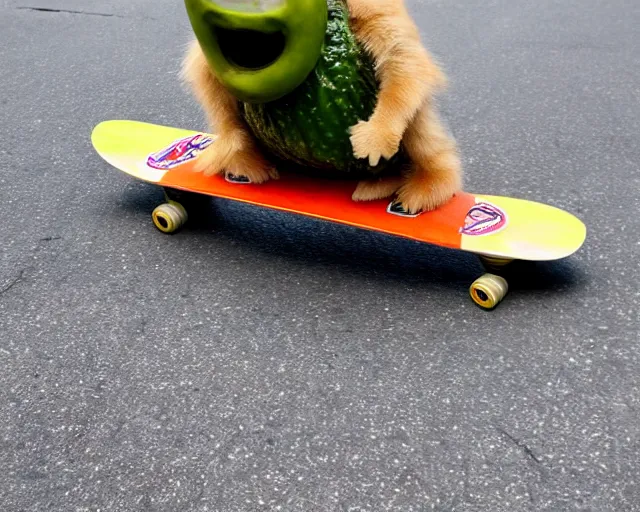 Prompt: pickle with a face riding a skateboard