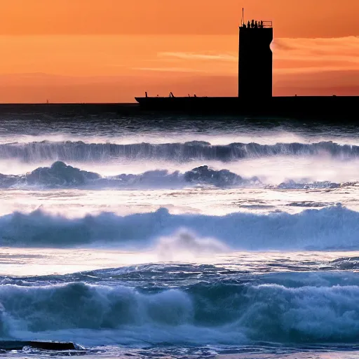 Prompt: fibres of crashing waves spiral into the dusk sky sunset , detailed biodiversity emerging from the waters manifest as towering structures,