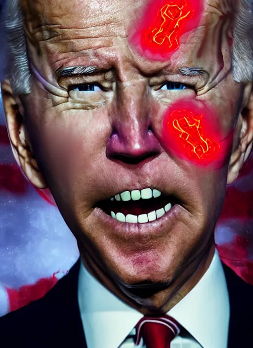 Image similar to Joe Biden, hyper realistic ultra realistic horror terror dimensional photo furious glowing red eyes, extreme fear, panic, psychotic, Joe Biden , high quality photo, detailed , 8k