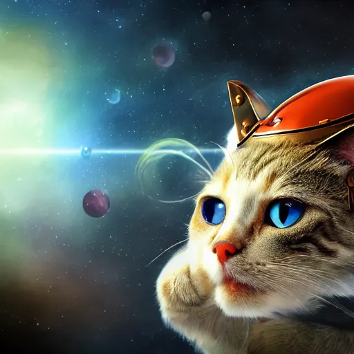 Image similar to fantasy cat with a helmet floating in space, high detail, fantasy art, concept art, 4 k, ultra detail, computer art