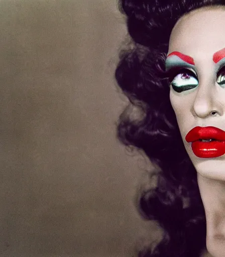 Image similar to a high quality, high detail, portrait of a drag queen by annie leibovitz, intense look in the eyes, moody, nostalgic