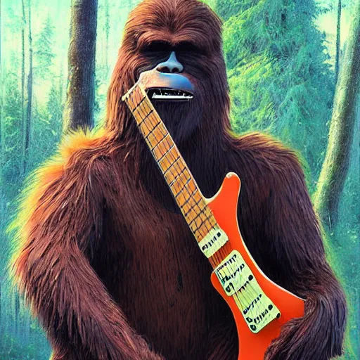 Prompt: UHD photorealistic Bigfoot playing electric guitar by Greg Rutkowski