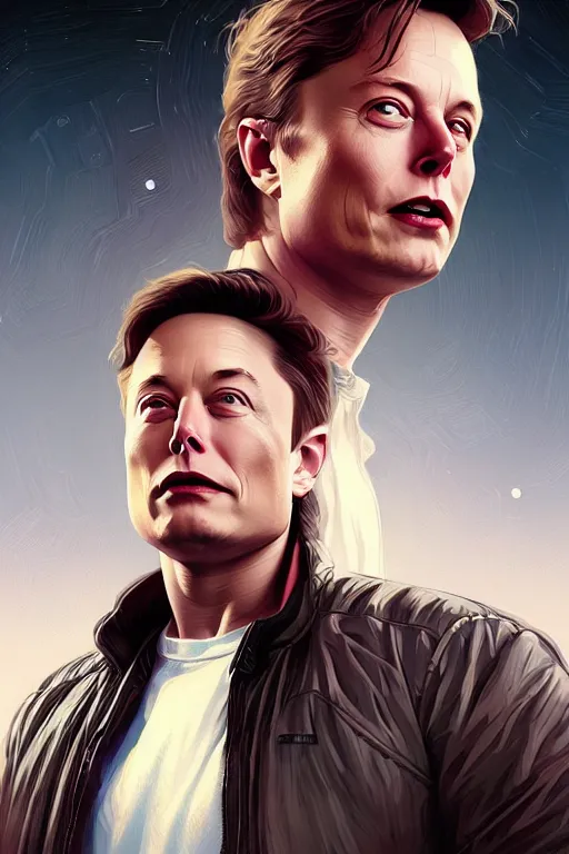 Image similar to elon musk as marty mcfly near delorean, realistic portrait, symmetrical, highly detailed, digital painting, artstation, concept art, smooth, sharp focus, illustration, cinematic lighting, art by artgerm and greg rutkowski and alphonse mucha