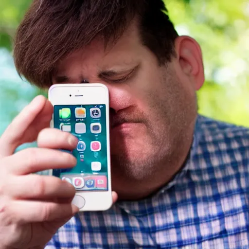 Prompt: large-nosed man confused on his iphone