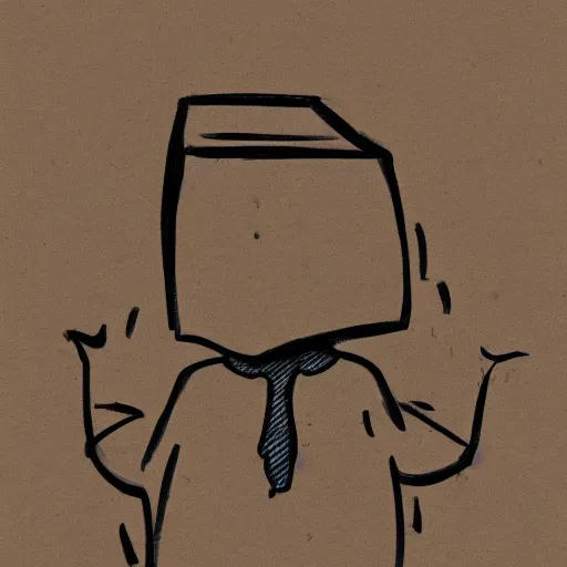 Image similar to cartoon comic of a character with a paper bag for a head, four panels, black and white, drawn in pen on cream colored parchment paper, dark strokes, 4k