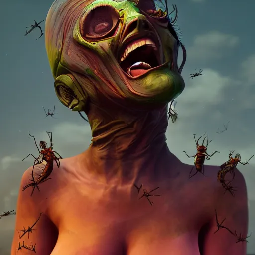 Image similar to insectoid woman, destroying an army, laughing, destruction, apocalypse, hyperrealistic, cinematic, digital art, artstation, concept art, 4k, 8k