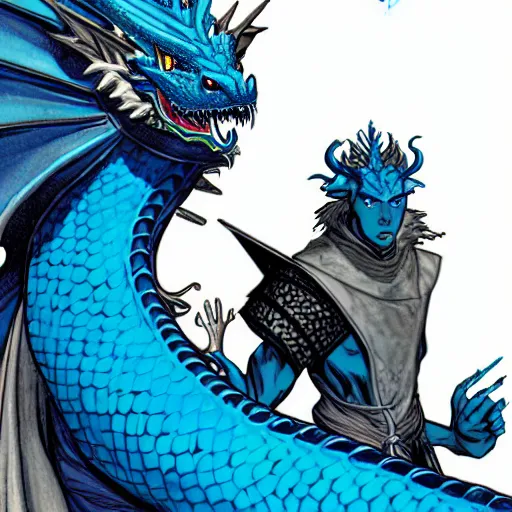 Image similar to head and shoulders porrtrait of a medieval fantasy anthropomorphic blue dragon - human hybrid with electrcity magic, fantasy, d & d, high details, art by phil noto and frank miller