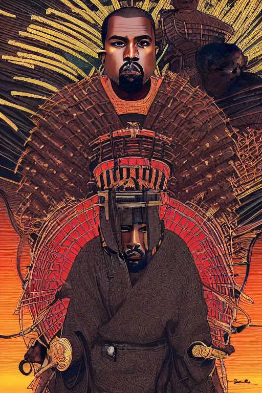 Image similar to poster of kanye west as a samurai, by yoichi hatakenaka, masamune shirow, josan gonzales and dan mumford, ayami kojima, takato yamamoto, barclay shaw, karol bak, yukito kishiro, highly detailed