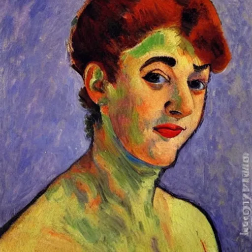 Image similar to A beautiful oil painting of a vivid impressionistic portrait of a woman, she is very beautiful, she smiles and looks straight at us, highly detailed, Matisse, fauvism