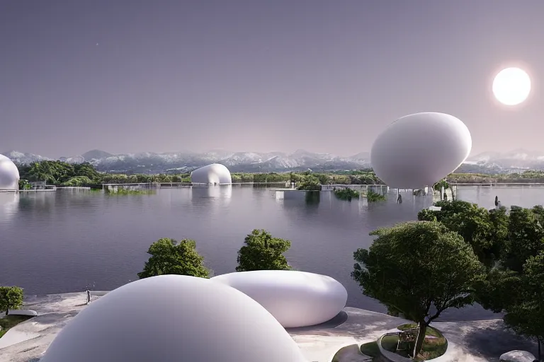 Image similar to the buildings of sejima and pierre cardin, which are formed by the intersection of many white egg shaped spherical spaces, are on the calm lake, human perspective, future, interior wood, marble, award winning, highly detailed 4 k art, dusk, unreal engine highly rendered, global illumination, radial light, internal environment by kazuyo sejima