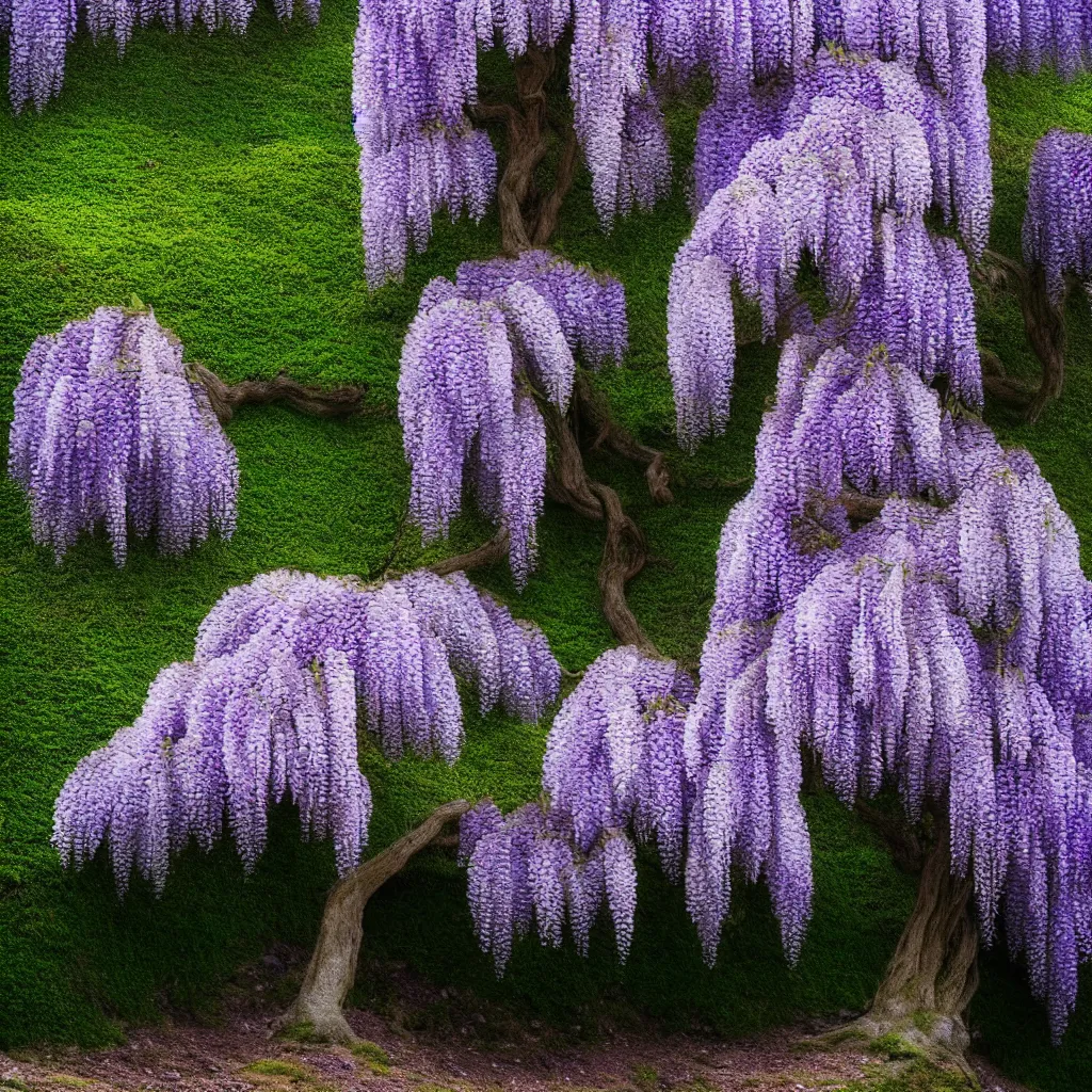 Image similar to tiny wisteria tree on top of a distant hill. backlit. muted colors. fantasy magic style. highly detailed 8 k. intricate. lifelike. epic. movie poster. soft light. sony a 7 r iv 5 5 mm. cinematic post - processing