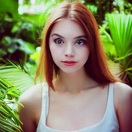 Image similar to a very beautiful!! young woman is posing for a photograph, petzval lens. symetric face. sharp face. in a tropical greenhouse. featured on flickr, art photography, photo taken with provia,