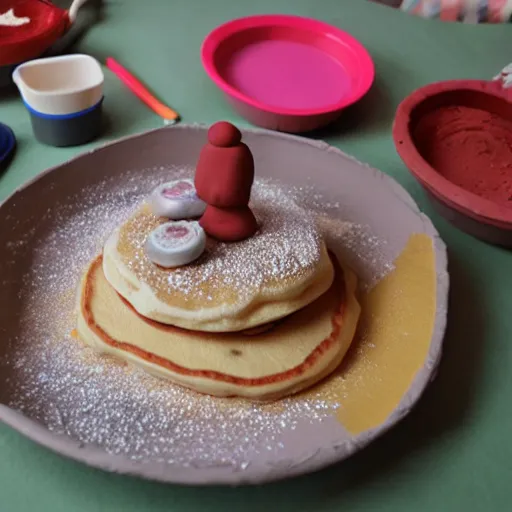 Image similar to claymation, pancake breakfast made of clay