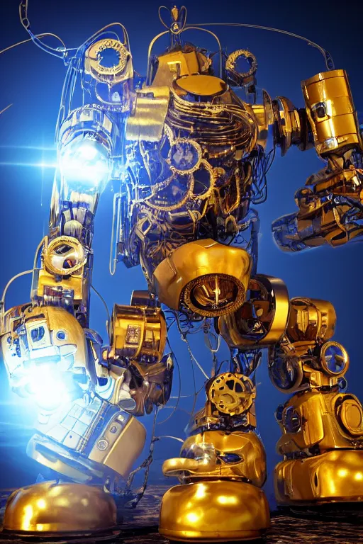 Prompt: photo of a giant huge golden and blue metal humanoid steampunk robot with big gears and tubes, robot is broken and falling apart into pieces, eyes are glowing red lightbulbs, shiny crisp finish, 3 d render, 8 k, insaneley detailed, fluorescent colors, background is multicolored lasershow