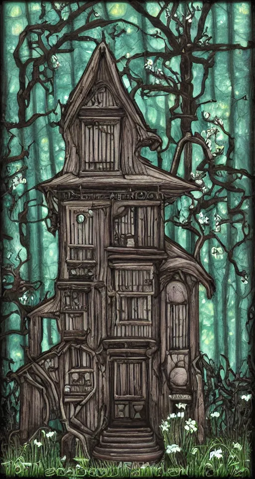 Prompt: victorian house made of wood in a dark forest with obsidian trees and Opal flowers, jade, lapis, eerie, painting