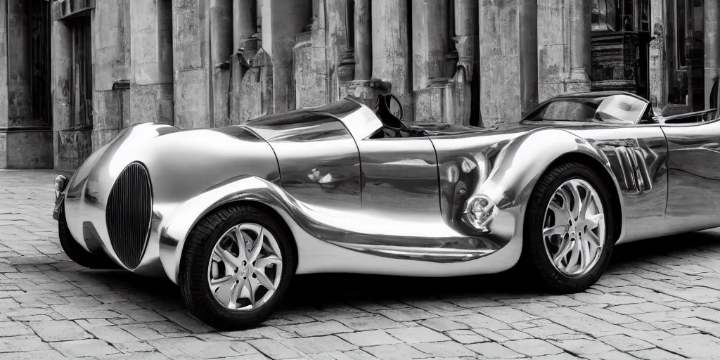 Prompt: Photo of a chrome sports car designed by Rene Magritte, sigma 50mm, ƒ/8, hyper detailed.