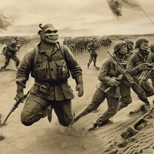 Prompt: Photo of Shrek leading the 1944 Omaha beach charge, Photo by Robert F. Sargent, Normandy, D-Day, very detailed, realistic