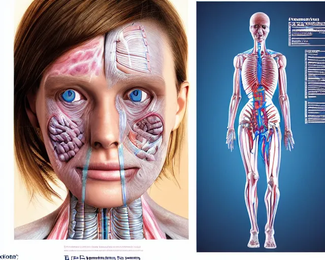 Image similar to female synthetic human, highly detailed labeled medical anatomy poster, photorealistic, hyperrealistic, high resolution