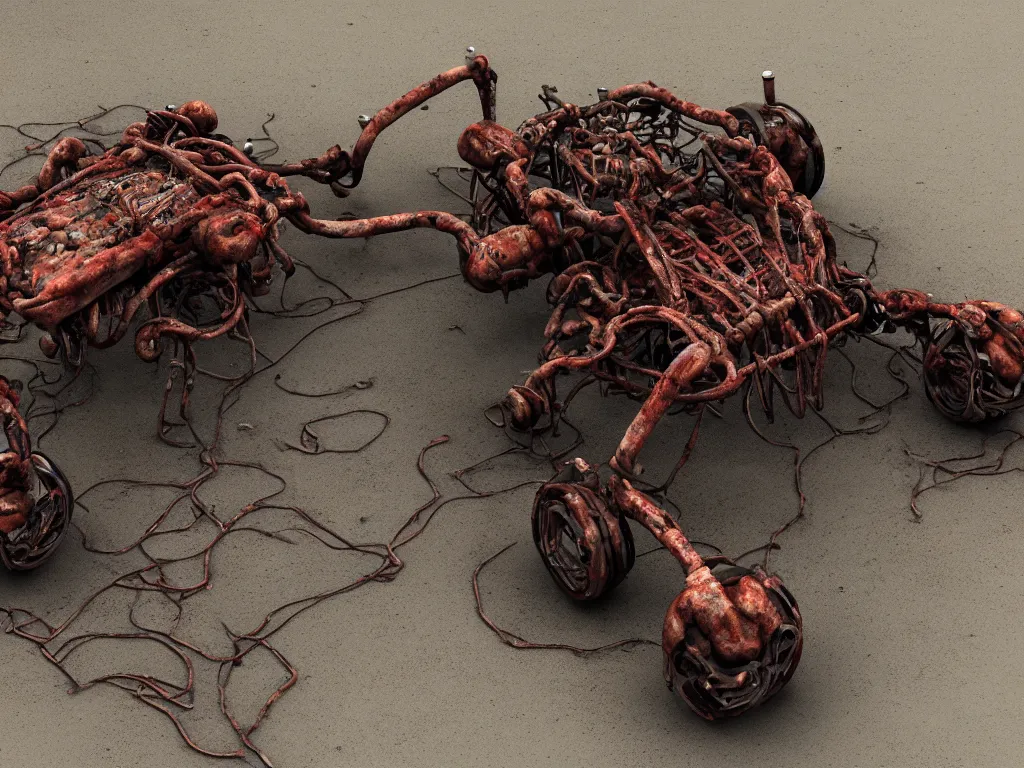 Prompt: Techno-biological rusty T-55 consisting of tumors, meat, veins, bones, guts, kidneys, wires. Biopunk, body-horror, high detail, photorealism, full length view, very rust, concept art, octane render, 16k, 8k