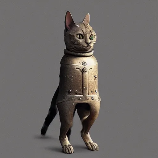 Image similar to Humanoid cat with medieval armor standing on two legs, fantasy, trending on artstation, realistic, digital art
