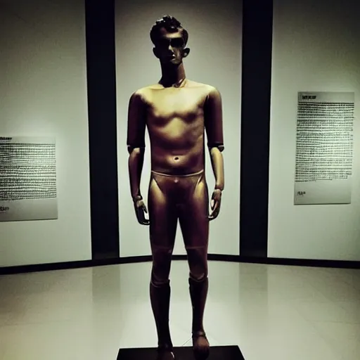 Image similar to “ a realistic detailed photo of a guy who is an attractive humanoid who is half robot and half humanoid, who is a male android, soccer player antoine griezmann, shiny skin, posing like a statue, blank stare, at the museum, on display ”