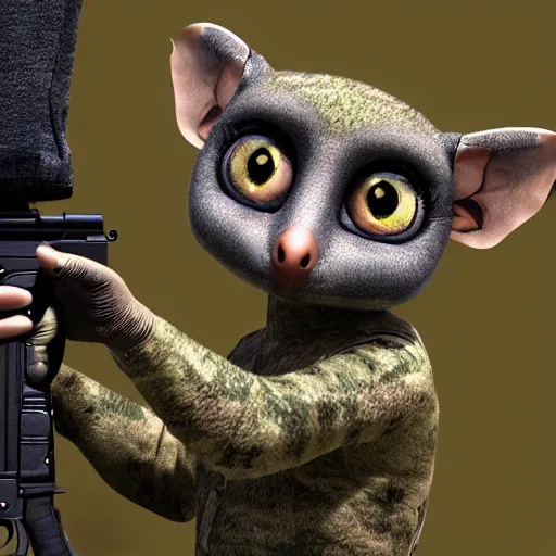 Prompt: Bushbaby with a rifle in its hands, Military, Combat, War, 4k, photorealistic