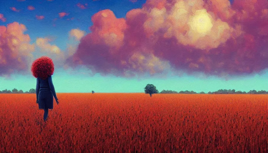 Prompt: giant red carnation afro head, full body, full body, girl walking through empty wheat field, surreal photography, forest background, sunrise dramatic light, impressionist painting, colorful clouds, digital painting, pointillism, artstation, simon stalenhag